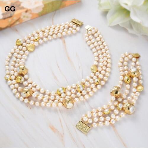 GuaiGuai Jewelry 4 Strands Freshwater Culture White Pear Golden Plated Bracelet 8" Necklace 18'' Sets