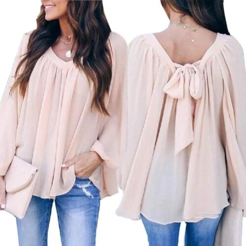 Plus Size S-5XL Summer Fashion Office Lady Solid Color Long Sleeve O Neck Large Hem Back Bow Loose Blouse Top Female Pullover