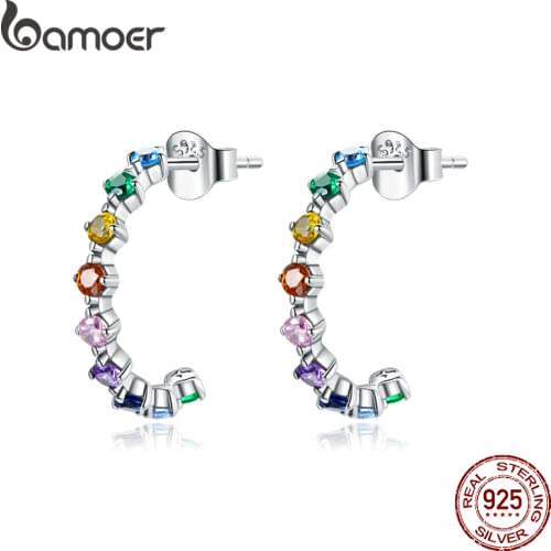 BAMOER Rainbow Silver Stud Earrings 100% 925 Sterling Silver Colorful Zircon Earrings Gift for Girl Statement Jewelry SCE1014