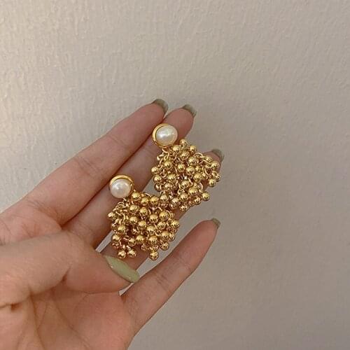 GSOLD Vintage Pearl Geometric Metal Gold Silver Color Round Bead Ball Tassel Earrings Women Party Fashion Jewelry 2021 New