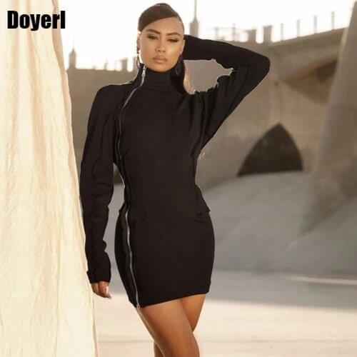 Women Turtleneck Long Sleeve Mini Dress Clubwear Elegant Black Bodycon Dress Party Zipper Side Slit Skinny Pencil Dress Vestidos