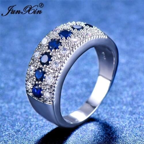 2018 Women Ladies Blue Stone Ring Crystal Round Zircon Finger Ring Cute Wedding Jewelry Silver Color Love Engagement Ring