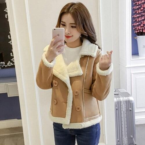 2018 Winter New Short Women Coat Plus Velvet Thick Long-sleeved Cotton Clothes Imitation Wool Double-breasted Loose Women Jacket
