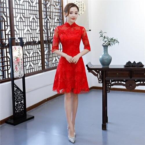 Shanghai Story Red Lace Qipao For Women Flower Embroidery Cheongsam Dresses Traditional Dress Chinese Wedding Dress