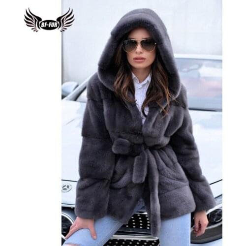 BFFUR Real Mink Fur Coat Women Genuine Fur Outerwear With Hood 2020 New Winter Ladies Jacket Fashion High Street Leather Coats