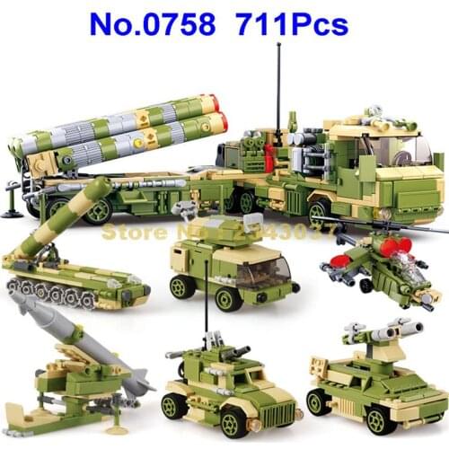 0758 711pcs 6in1 Military S400 Army Missile Launch Vehicle Truck Plane Tank Armoured Vehicle Building Block Toy