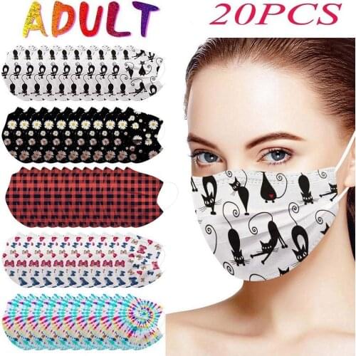20pcs Kitty Pattern Disposable Face Mask Adult Cat Mouth Cap Face Mask With Nose Wire Facial Masks Halloween Cosplay mascara