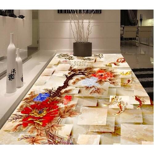 3d flooring Peony carp 3D floor painting bathroom waterproof wallpaper 3d floor painting wallpaper
