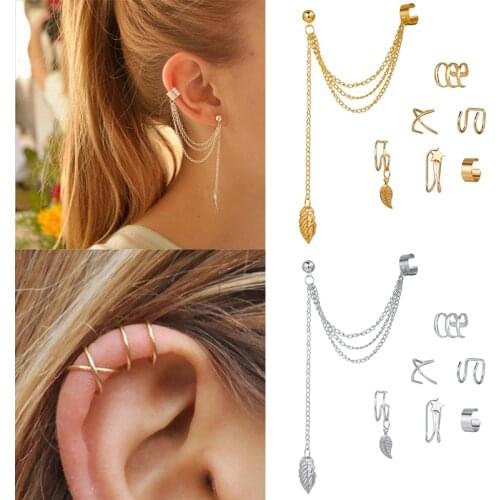 7pcs Fashion Gold Star Leaves Non-Piercing Ear Clip Earrings For Women Simple Fake Cartilage Ear Cuff Jewelry Clip Accessories