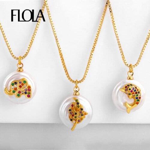 FLOLA Rainbow Crystal Shell Pearl Necklaces For Women Dolphin Elephant Pendant Necklaces Leaf CZ Stone Rainbow Jewelry nkep68