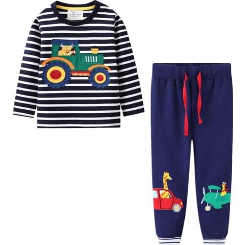 Baby Boys Clothes Sets Long Sleeve Stripes T shirt Cotton Trousers Clothing Sets with Cartoon Animals Cars Print Clothes Suits