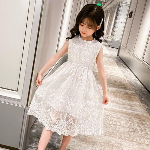 Girls summer dress sleeveless long mesh white dress 3-12 childrens clothing