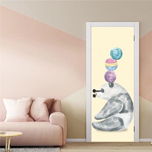 Cute Panda Cartoon Pattern Door Sticker Film Waterproof Self-adhesive Vinyl Wallpaper Door Murals For Living Room Children Room