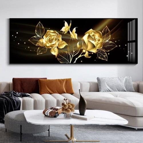 Black Golden Rose Flower Butterfly Abstract Canvas Painting Poster Print Wall Art Pictures for Living Bedroom Home Decor Cuadros