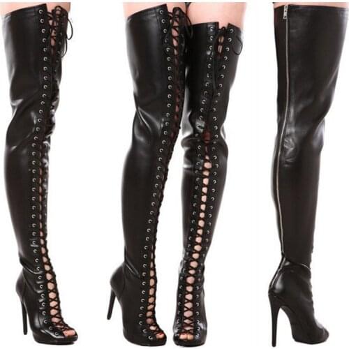 Lace-up New Fashion Women Open Toe Black Leather Over Knee Gladiator Boots Sexy Slim Style Cut-out High Heel Long Boots