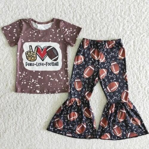 Wholesale Baby Girl Spring Boutique Outfit Fashionable Kids Brown Peace Love Football Shirt Bells Pants Summer Children Clothes