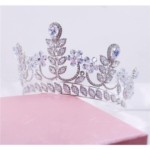 Luxury noble princess crown fashion bling zircon crystal flower water drop headdress bride wedding jewelry girl birthday gift