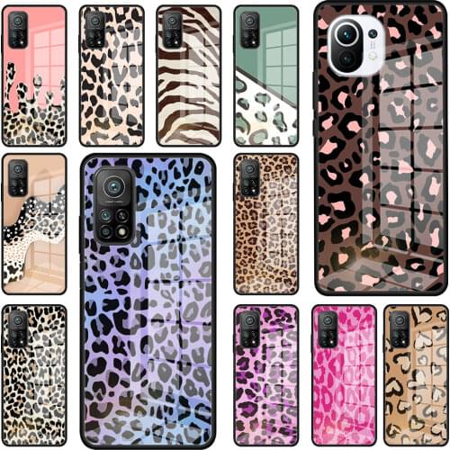 Leopard Print Luxury Tempered Glass Cover Phone Case For Xiaomi Mi 11 Ultra 9T 10T Pro 11i Note 10 Lite 5G CC9 CC9E Fundas
