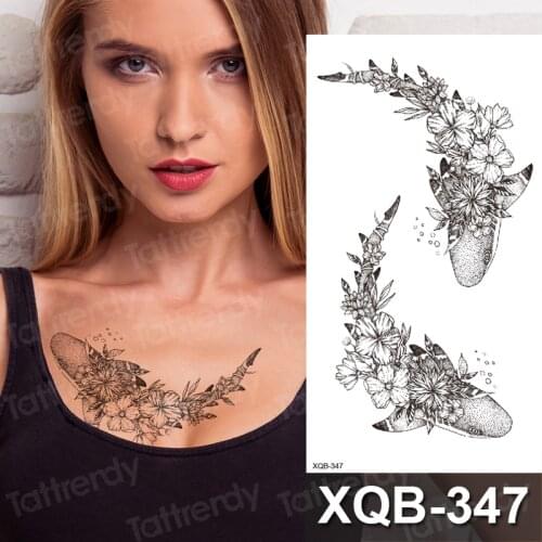 Fish Flower Temporary Tattoo Stickers Women Blossom Neck Geometric Floral Water Transfer Tatoos Leaf peony Rose Fake Sexy Tattoo