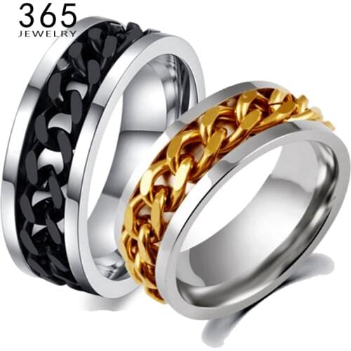 Never Fade Jewelry Stainless Steel Mens Wedding Rock Punk Biker Ring Gold Titanium Black Chain Spinner Rings For Men Gift