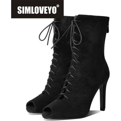 SIMLOVEYO New 2021 Women Ankle Boots Peep Toe 10cm High Thin Heels Flock Lace-Up Zip Sexy Classic Big Size 34-43 Casual B2487