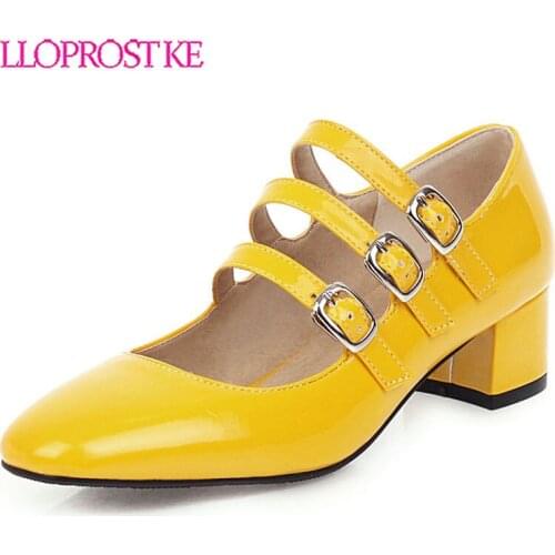 Lloprost ke New Arrivals 2020 Plus Size 34-48 Mary Janes Pumps Woman Shoes Patent Leather Buckle Strap Thick Heels Women Pumps