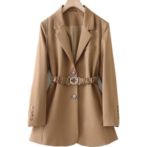 New Designer Women Blazer Coat Long Sleeve With Belt Female Fashion Slim Formal Blazer OL Style Suit Coat