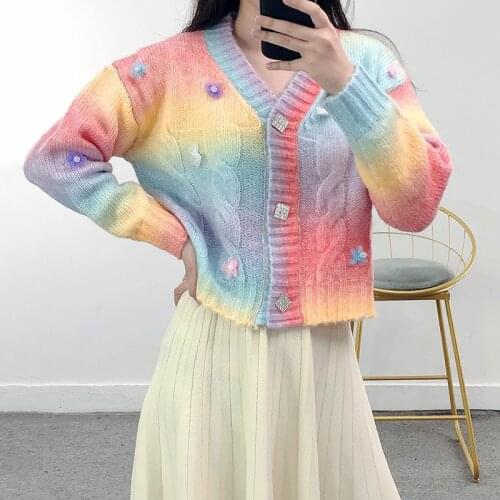 Sweet Rainbow Gradient Cropped Cardigans Women Short Sweater 2021 Autumn Appliques Flower Cardigan V-neck Loose Cardigan Sweater