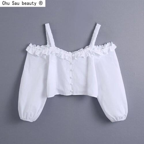2021 Summer Women Cropped Slash Neck Suspenders Puff Sleeve White Ruffle Stitching Long-Sleeve Top Solid Color Shirt