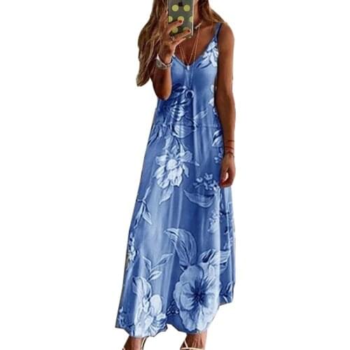 Female Plus Size 5XL Spaghetti Strap Sleeveless Flower Print Dress Women Boho Summer Beach Dress Tunic Casual Long Dresses