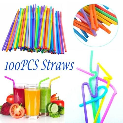 100pcs Flexible Straw Food Grade Colorful Extra Long Bendy Party Disposabl Drinking Straws Cocktail Plastic PP Bar Straws