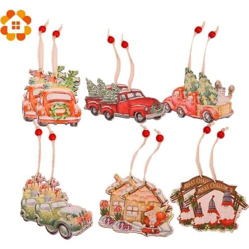 2PCS Creative House/Car Shape Christmas Wooden Pendants Xmas Tree Ornaments DIY Wood Crafts Christmas Party Decoration Kids Gift