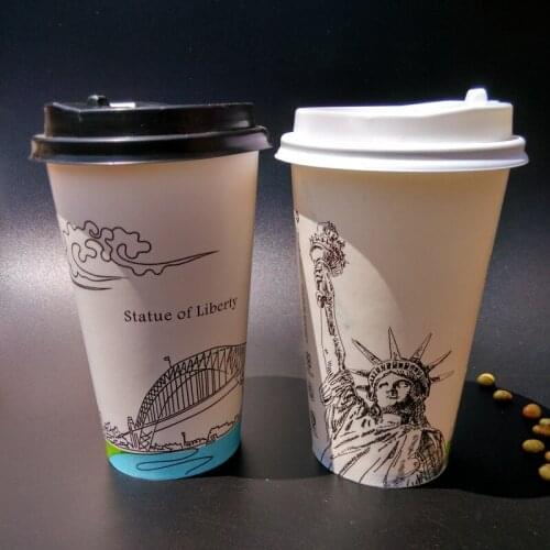 200pcs Creative white disposable coffee cup 16oz 500ml milk tea coffee cold hot drink paper cups takeaway packaging cup with lid