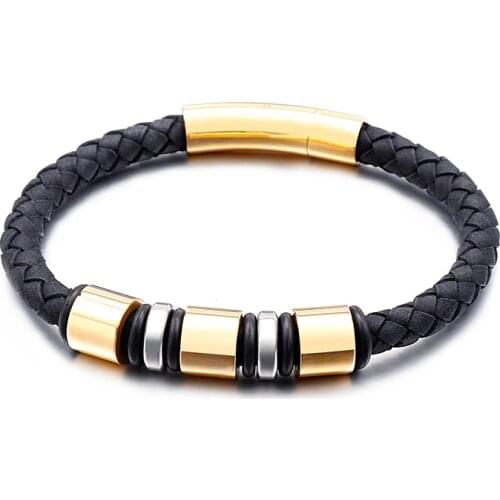 2021 European Hand Jewelry Black Geniune Leather Width 6mm Braided Stainless Steel Multi Loop Charm Bracelet for Men 215mm