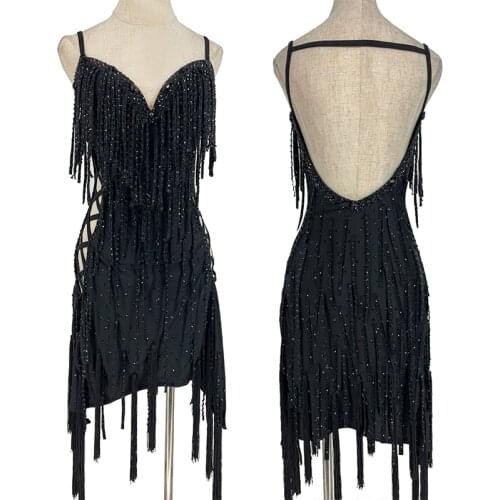 Sparkly Latin Dance Dress Rhinestone Tassel Sexy Hollow Waist Women Costume Samba Salsa Dress Latin Competition Clothes BL6598