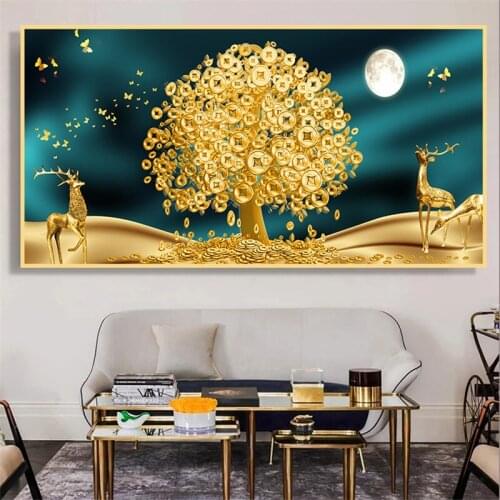 Large luxury Lucky Gold Coin Leaf Canvas Printings Wall Art Floral Plant Paintings Deer and Golden Tree Poster Decor Picture