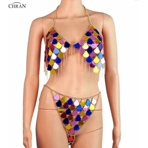 Chran Burning Man Wear Skirt Outfit Disco Party Panty Beach Cover Up Chain Necklace Rave Bra Bralette Lingerie Jewelry CRM288