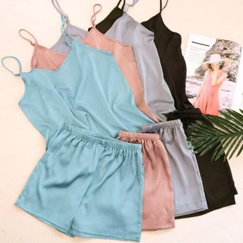 Pajamas Pants Set V Neck Sleeveless Bra Shorts Sexy Satin Silk Sling S-XL Size Underwear Pajamas for Women Casual Pijama Mujer