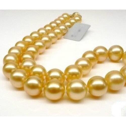 Women gift 17INCH GOLD CLASP AAA NATURAL Round 10-11mm south sea golden pearls Necklace
