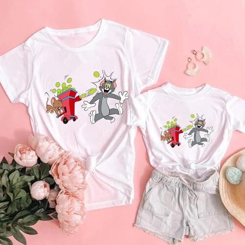 Cat and Mouse Cartoon Family T-shirts Women Baby Summer Loose Casual Short Sleeve Cute O-neck Tshirt Tops Harajuku T Shirts Sets