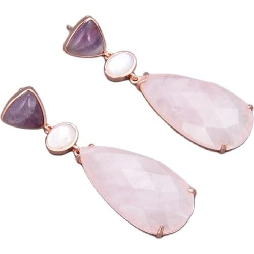 GG Jewelry Natural Purple Amethyst Teardrop Rose Quartz White Shell Drop Earrings