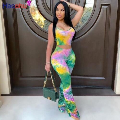 HAOOHU Sexy Tie Dye Two Piece Set Women Summer Tracksuit Crop Top and Stacked Leggings Pants 2 Piece Club Outfits Matching Sets