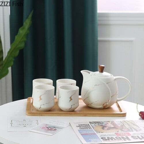 Imitation Marble Ceramic Teapot 1 Pot 4 Cups Afternoon Tea Coffee Cup Nordic Style Home Breakfast Milk Cup Office Mug Tea Set