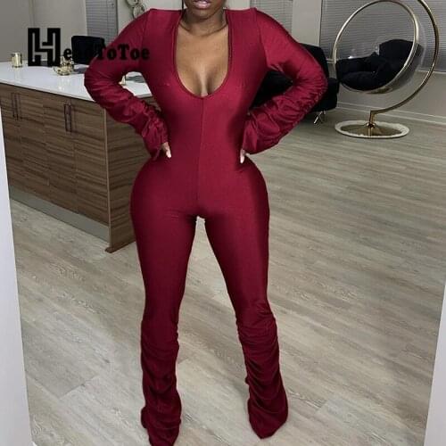Solid Pleated Sexy Deep V Neck Romper Women Jumpsuit Full Sleeve Skinny Overalls Jumpsuit
