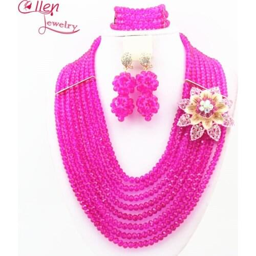 2017 pink African Beads Jewelry Set Nigerian wedding bridal dubai Crystal Beads women statement Necklace jewelry Set W9941