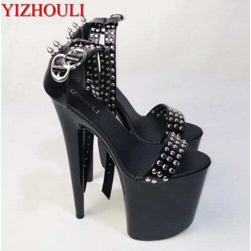 Handsome rivets bag and sandals, 20 cm ultra high heels fine nightclubs colourful shoes with waterproof Leather shoes