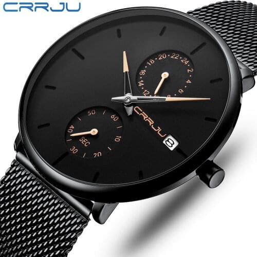 Fashion Mens Watches Top Luxury Brand CRRJU Stylish Simple Waterproof Quartz Watch with 24 Hour Display Relogio Masculino