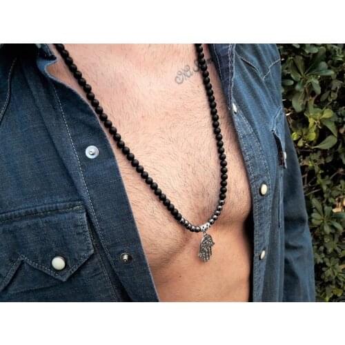 Mens Beaded Necklace*Black Onyx Necklace*Hamsa necklace*Hematite Necklace*Mens black necklace