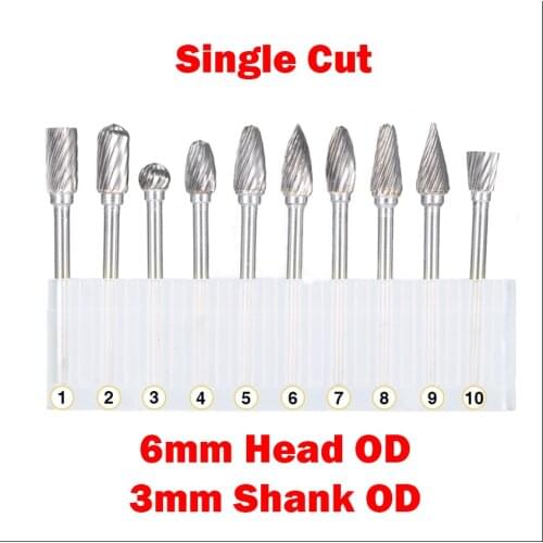 3mm Shank OD 6mm Head OD Sinlge Cut CNC Tool Grinder Tungsten Carbide Woodworking Milling Cutter Polishing Head Rotary File