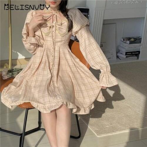 Japanese Autumn Lolita Style Plaid Dress Sweet Bowknot Cute Lace Sleeve Dress Square Collar Kawaii Fairy Princess Dress